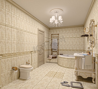带有瓷砖和镜子的现代浴室内饰(3D渲染)