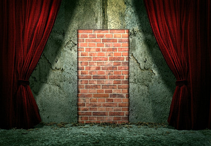 i活动入口摄影照片_垃圾墙上的砖块和上面的红色窗帘关闭的门(3D渲染)