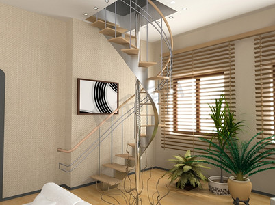 楼梯渲染摄影照片_现代室内设计(私人公寓3D渲染)