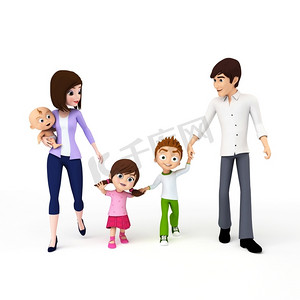 卡通高兴的男孩摄影照片_3D渲染的卡通图解一个幸福的家庭
