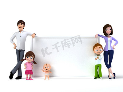 幸福的卡通女孩摄影照片_3D渲染的卡通图解一个幸福的家庭