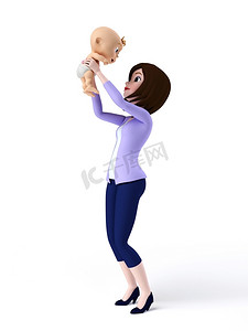 卡通儿童可爱摄影照片_3D渲染的卡通插图，母亲和她的孩子
