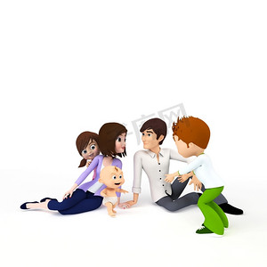 幸福的卡通女孩摄影照片_3D渲染的卡通图解一个幸福的家庭