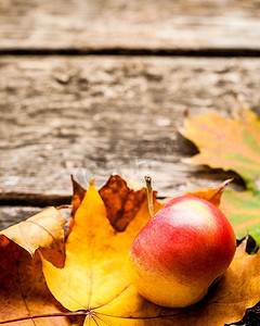 旧木桌上苹果和枫叶的秋天边框