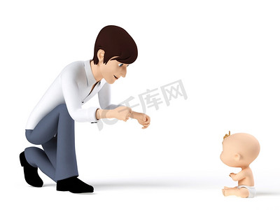 小手卡通摄影照片_3d渲染卡通插图的一个爸爸和他的宝宝