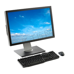 计算机鼠标摄影照片_白底隔离的计算机工作站(显示器、键盘、鼠标)