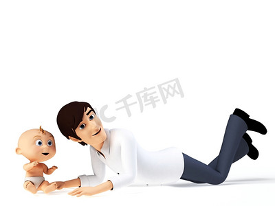 可爱的孩子卡通摄影照片_3D渲染的卡通插图，父亲和他的孩子