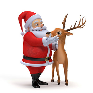 3D渲染的小圣诞老人和他的驯鹿的插图