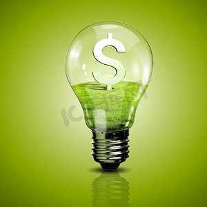象征绿色能源的电灯泡和里面的货币符号