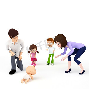 情侣卡通情侣卡通摄影照片_3D渲染的卡通图解一个幸福的家庭