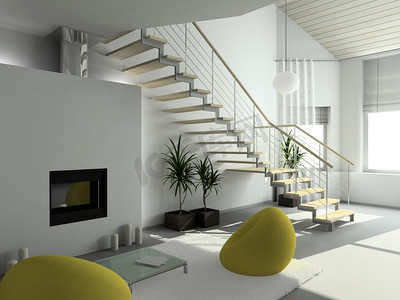 现代设计的客厅室内.三维渲染楼梯室内