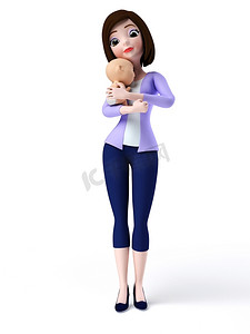 3D渲染的卡通插图，母亲和她的孩子