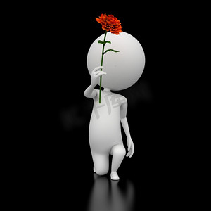 3D渲染插图中的一个小家伙手持一朵花