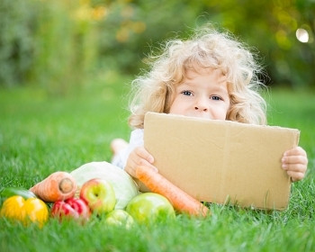 绿色的春色衬托着水果和蔬菜的纸，快乐的孩子
