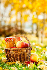 自制果酱在罐子和篮子里充满新鲜多汁的苹果在草地上。秋收概念