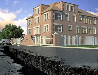 道路上的裂缝，房屋附近发生地震的迹象(3D插图)