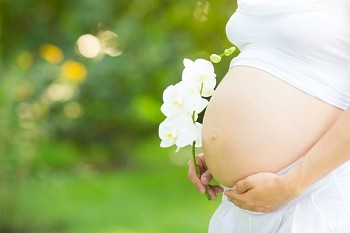 年轻孕妇美丽的肚子映衬着绿色的春天。专注于花朵，深浅的田野
