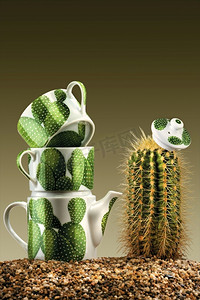 一个工作室的景色，一个茶壶和两个杯子在一个花哨的茶具里，还有一棵绿色的仙人掌放在砾石地面上。