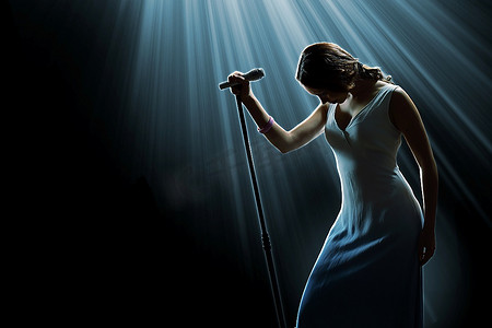女歌手在舞台上拿着麦克风手提包包