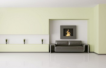 带有壁炉和沙发的现代客房内部3D渲染