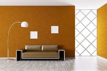 现代客房摄影照片_配备棕色沙发的现代客房内部3D渲染