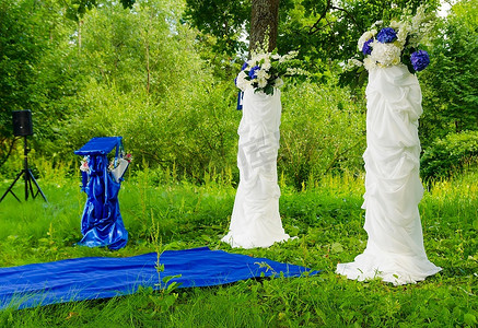 公园里的蓝色婚礼地毯