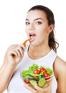 下拉刷新动图摄影照片_性感美女在白色背景下吃沙拉