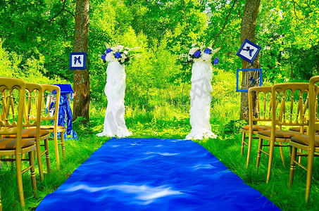 蓝色婚礼地毯在公园