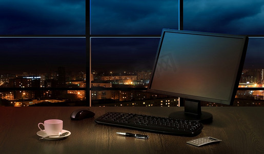 办公室在晚上都市夜景吸顶灯