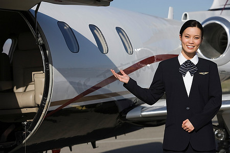 私人飞机前的亚洲中年女性空姐。