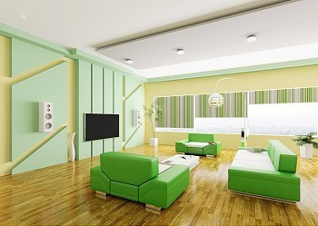 黄绿色摄影照片_现代黄绿色客厅内部3D渲染
