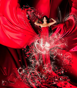 连衣裙详情页摄影照片_爱情女神穿着红色长裙，留着华丽的长发，在红色的窗帘、布料上连接着人们的心，这是一个神奇的仪式