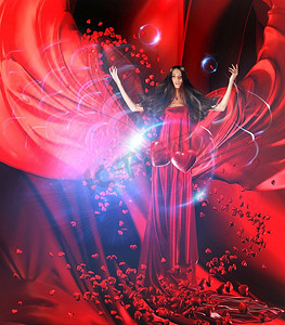 连衣裙详情页摄影照片_爱情女神穿着红色长裙，留着华丽的头发，在红色的窗帘、布料上连接着人们的心，这是一个神奇的仪式
