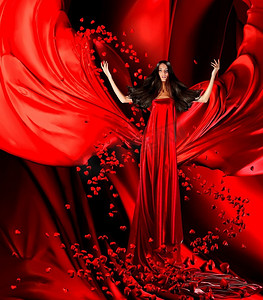 红心连红心摄影照片_爱情女神穿着红色长裙，留着华丽的头发，在红色的窗帘、布料上连接着人们的心，这是一个神奇的仪式