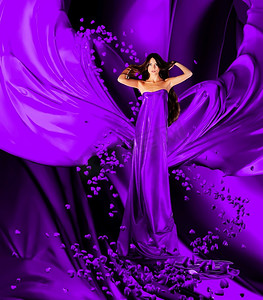 红心连红心摄影照片_爱神身着紫罗兰色长裙，留着华丽的长发，在蓝色的窗帘、布料上连接着人们的心，这是一个神奇的仪式