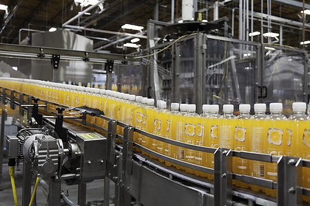 装配摄影照片_瓶子工业生产线上的橙汁瓶