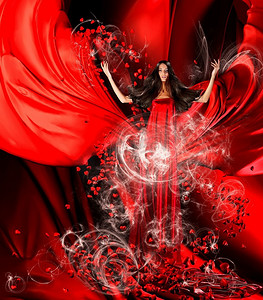 红心连红心摄影照片_爱情女神穿着红色长裙，留着华丽的头发，在红色的窗帘、布料上连接着人们的心，这是一个神奇的仪式