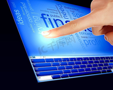 手指触摸一个蓝色的电脑屏幕上的字