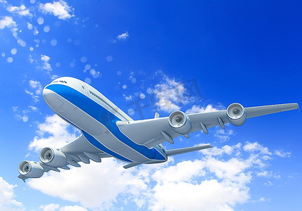 一架白色客机在蓝天上飞行，周围有白云