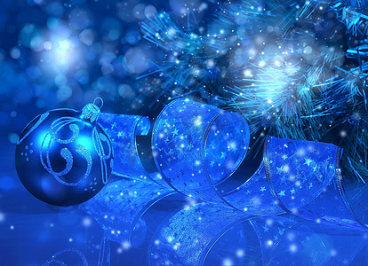 蓝色圣诞节拼贴画。装饰和丝带在一个蓝色背景