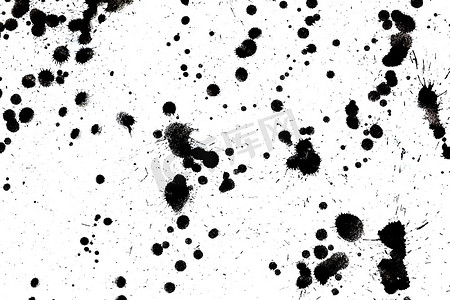 黑白格子笔刷摄影照片_黑色墨水飞溅。光泽笔刷油漆污点、污渍、艺术斑点、油污、抽象水滴。扑通一声，流畅的插图。