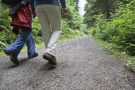 路段警示牌摄影照片_两个人走在森林小径上，背景，低矮路段