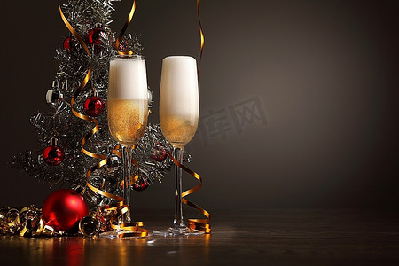迎接和告别摄影照片_准备好迎接新年的两个香槟酒杯