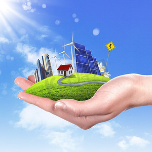 生态环境保护地球摄影照片_用太阳能电池牵着绿色地球的手