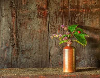 风化木质背景下乡村花瓶中干花的静物意象