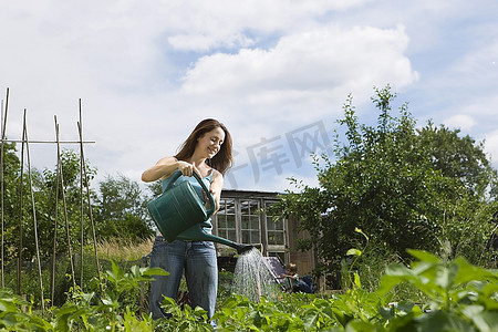 年轻女子浇水植物在花园