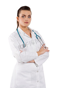隔摄影照片_微笑的女医生，听诊器隔在白色背景上