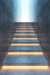 极简主义背景摄影照片_现代极简主义风格的楼梯，夜间照明