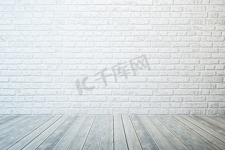 白色砖墙和木地板的空房间