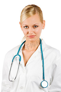 微笑的女医生，听诊器隔在白色背景上